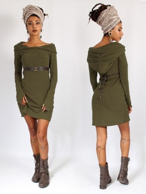 Army green Women Toonzshop Karmäa Hooded Sweater Dress Dress | RTIVSJQ-60