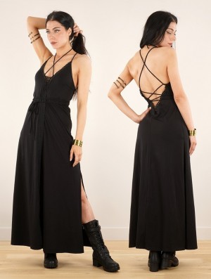 Black Women Toonzshop Amulette Lace-up Split Long Dress Dress | VZKWUMA-02