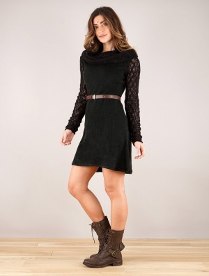 Black Women Toonzshop Nouchka Crochet Sleeves And Big Collar Skater Sweater Dress Dress | TCLWYSI-34