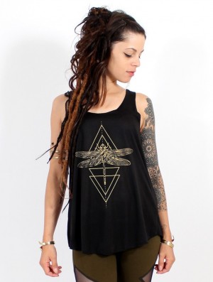 Black and gold Women Toonzshop Geometric Dragonfly Printed Tank Top Tank Top | WFKASUQ-89