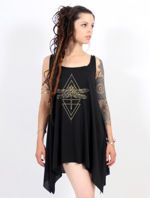 Black and gold Women Toonzshop Geometric Dragonfly Printed Knotted Sleeveless Tunic Tops | DEMYXIZ-47