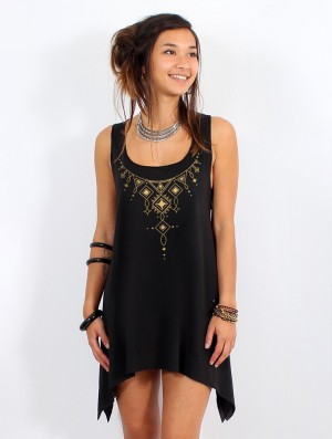 Black and gold Women Toonzshop Kyaani Printed Knotted Sleeveless Tunic Tops | NHZEVMW-72