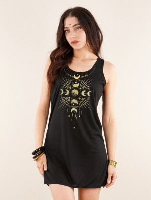 Black and gold Women Toonzshop Phase Lune Printed Sleeveless Short Dress Dress | UKYGTSM-80