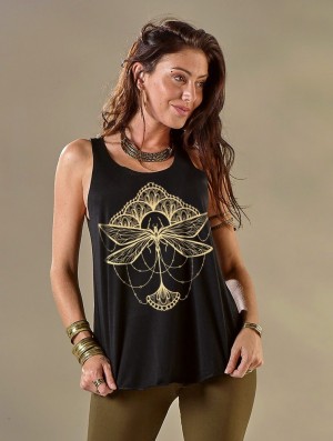 Black and gold Women Toonzshop Waia Dragonfly Printed Tank Top Tank Top | XSELDHR-31