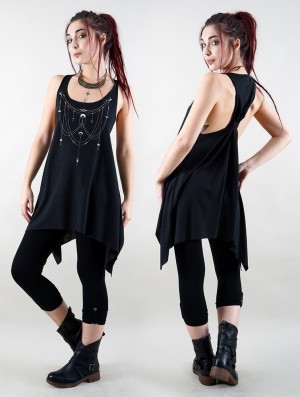 Black and silver Women Toonzshop Paalayan Printed Knotted Sleeveless Tunic Tops | SNUKXPY-32