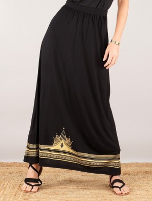 Black with golden prints Women Toonzshop Lotus Elerinna High Waist Maxi Skirt Skirt | WXFNRLE-68