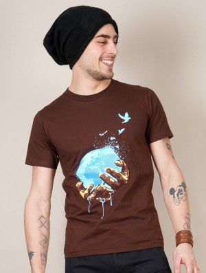 Brown Men Toonzshop Planet Printed Short Sleeve T-shirt T-Shirt | TVCZJLE-15