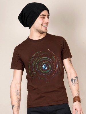 Brown Men Toonzshop Planet Record Printed Short Sleeve T-shirt T-Shirt | NBODKAQ-82