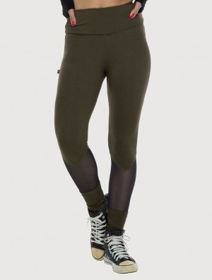 Dark Army green Women Toonzshop Arrow Mesh Insert Long Leggings Leggings | WETABHF-65