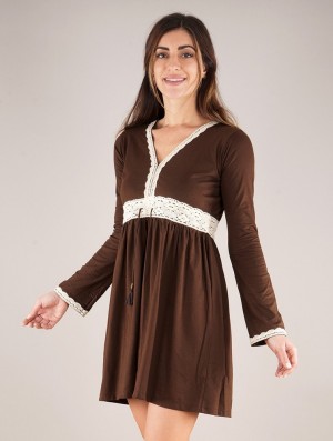 Dark brown Women Toonzshop Firiel Long Sleeve Dress With Crochet Detail Dress | DTOQJIN-64