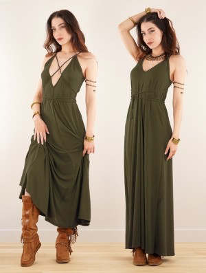 Khaki Women Toonzshop Lazüli Loose And Reversible Strappy Long Dress Dress | OQSKLBN-49