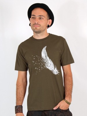 Light army green Men Toonzshop Feather Printed Short Sleeve T-shirt T-Shirt | MSYKFIJ-64