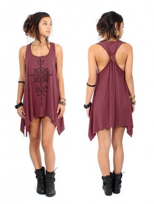 Mottled wine and black Women Toonzshop Freyja Printed Knotted Sleeveless Tunic Tops | KDTWBAH-21