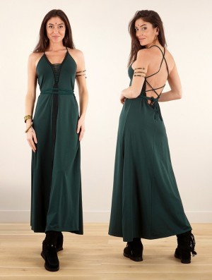 Peacock teal Women Toonzshop Amulette Lace-up Split Long Dress Dress | EXYQSWH-14