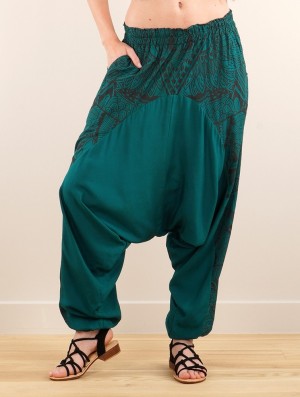 Teal and black Women Toonzshop Ginie Africa Printed Light Harem Pants Pants | UBZOKCS-23