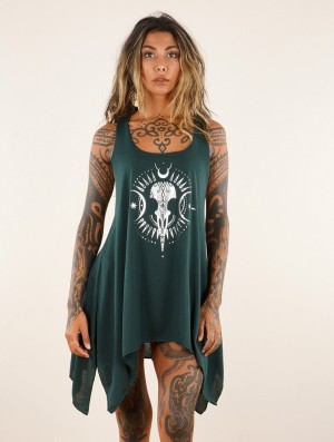 Teal and silver Women Toonzshop Ridaloo Printed Knotted Sleeveless Tunic Tops | QOCJSRK-51