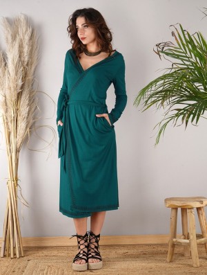 Teal blue Women Toonzshop Irwaen Indie 2in1 Cardigan/Long Sleeve Midi Dress Dress | CXDWVSE-35