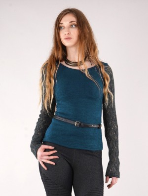 Teal blue Women Toonzshop Oroshï Crochet Sleeve Sweater Sweater | OKYNIRB-94