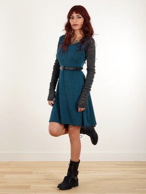 Teal blue Women Toonzshop Oroshï Crochet Sleeve Sweater Dress Dress | WFASCXD-63