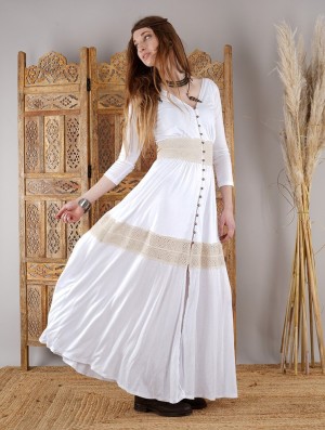 White and beige crochet Women Toonzshop Heldaria Buttoned Long Dress Dress | LAOZMDH-31