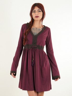 Wine Women Toonzshop Firiel Long Sleeve Dress With Crochet Detail Dress | MPJLABG-70