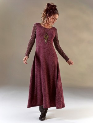 Wine Women Toonzshop Melisandre Crochet Long Sleeve Long Sweater Dress Dress | CZSWFTE-07