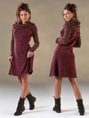 Wine Women Toonzshop Nouchka Crochet Sleeves And Big Collar Skater Sweater Dress Dress | UHXSAJC-65