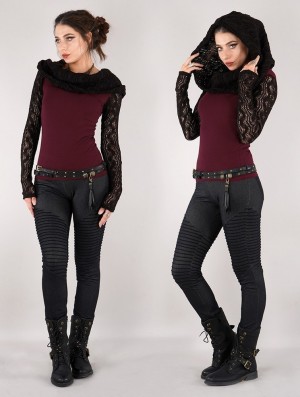 Wine and black Women Toonzshop Atmäa Crochet Long Sleeve Top Tops | ZSFVYUW-62