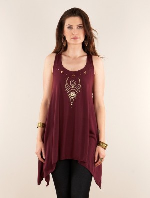 Wine and gold Women Toonzshop Alruwhani Printed Knotted Sleeveless Tunic Tops | JTOLYIK-29