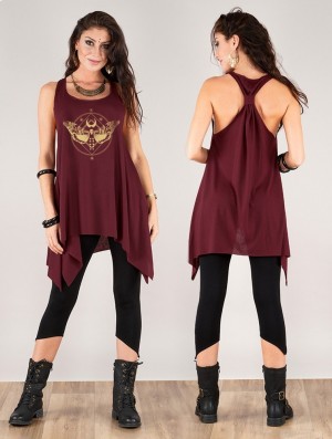 Wine and gold Women Toonzshop Nightmoth Printed Knotted Sleeveless Tunic Tops | PGDXKNB-84