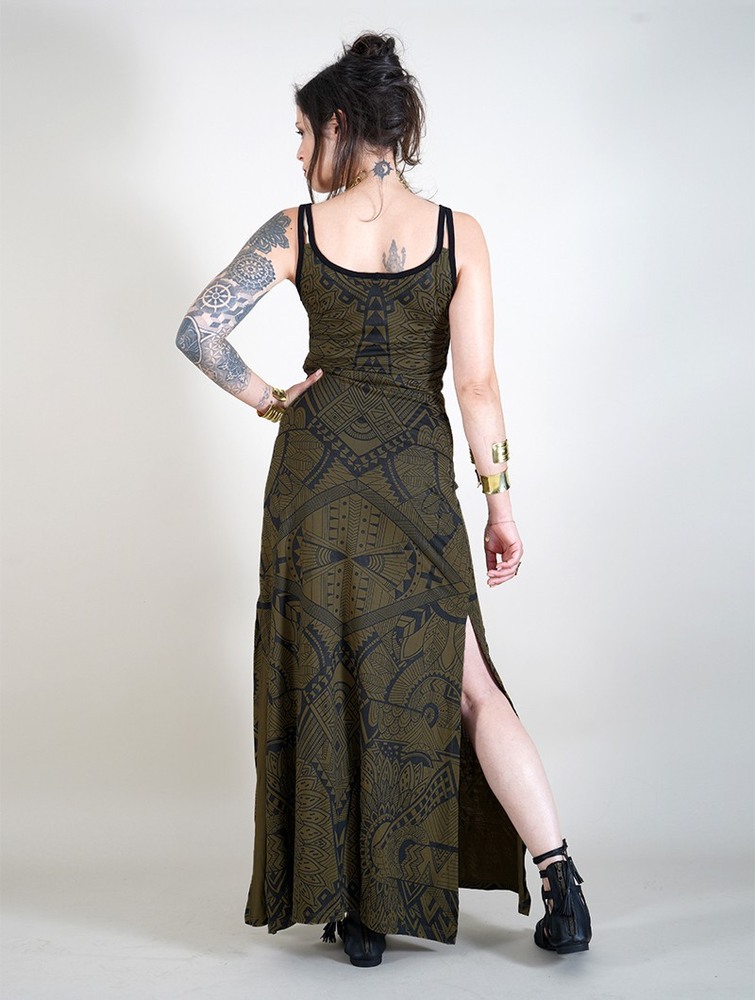 Army green Women Toonzshop Electra Africa Printed Long Split Strappy Dress Dress | NIMCYAU-42