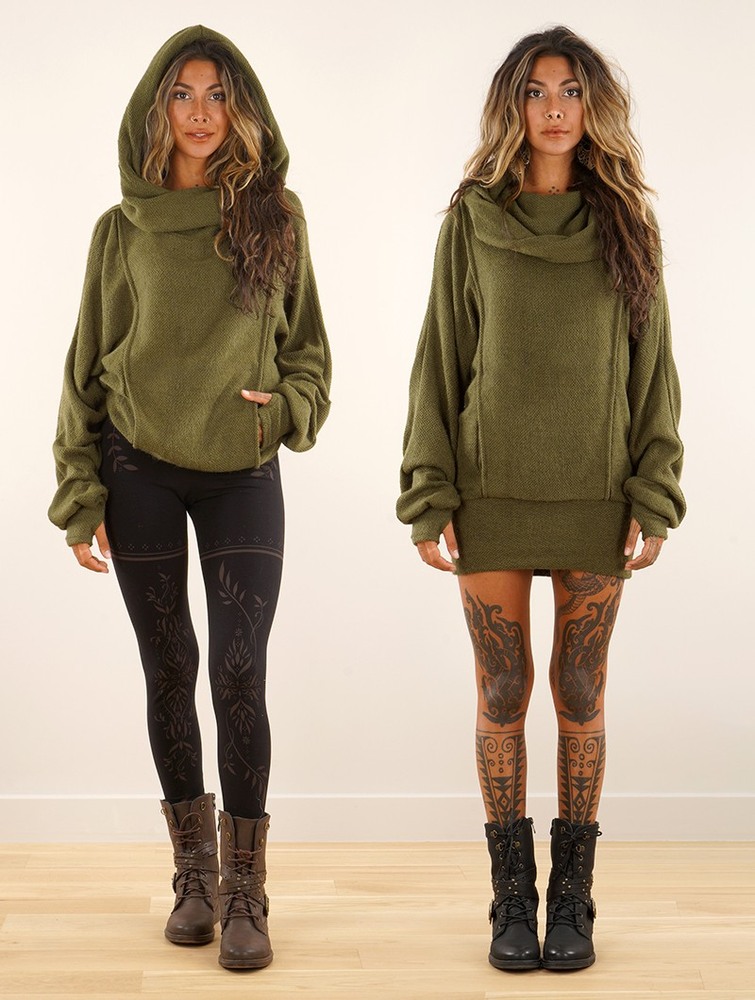 Army green Women Toonzshop Helixx Retractable Hooded Long Sweater Sweater | JKEHRND-21