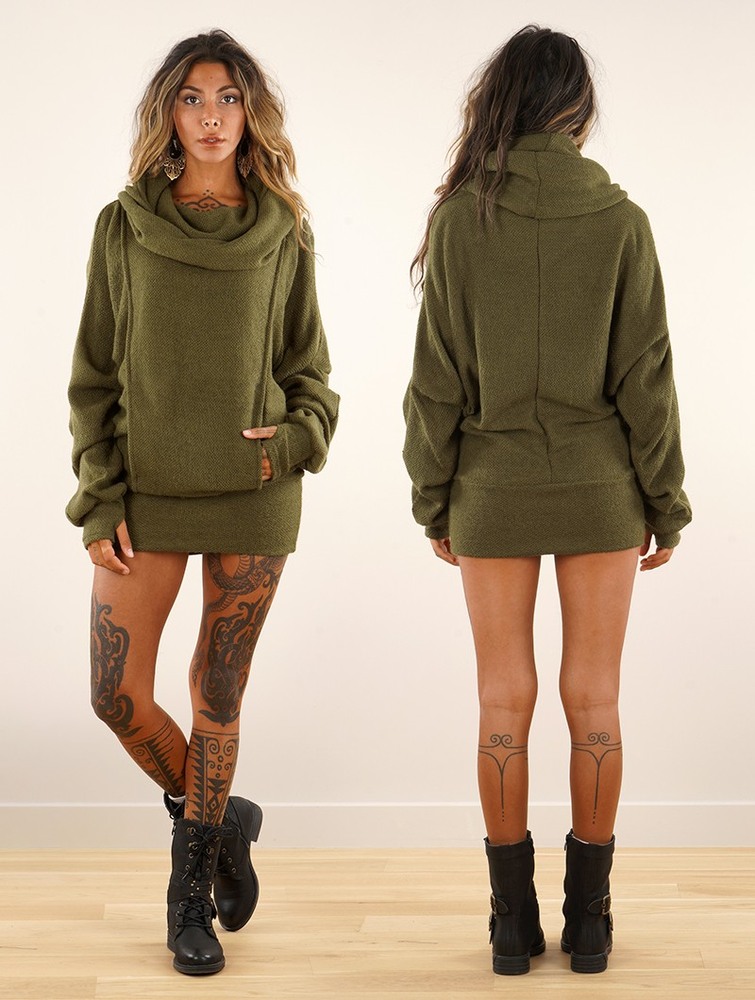 Army green Women Toonzshop Helixx Retractable Hooded Long Sweater Sweater | JKEHRND-21