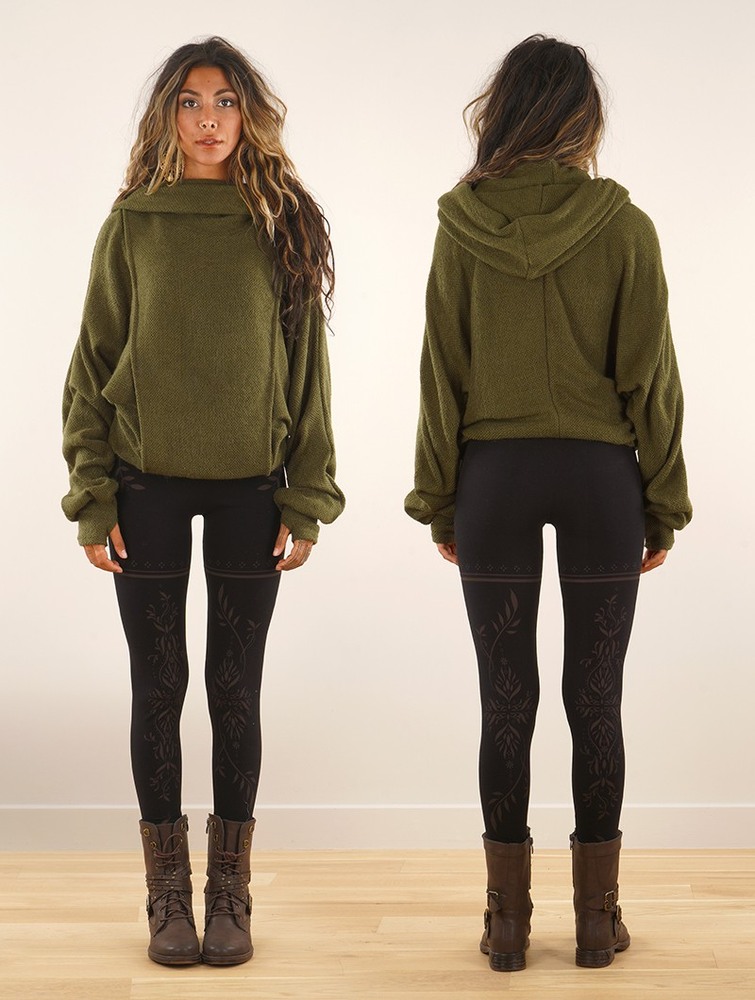 Army green Women Toonzshop Helixx Retractable Hooded Long Sweater Sweater | JKEHRND-21