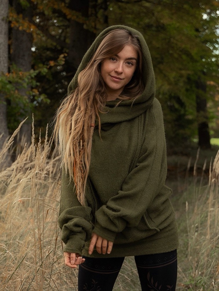 Army green Women Toonzshop Helixx Retractable Hooded Long Sweater Sweater | JKEHRND-21