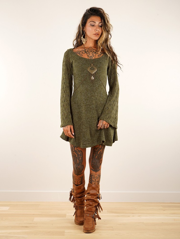 Army green Women Toonzshop Müse Crochet Sleeve Skater Dress Dress | OYVDBZH-19