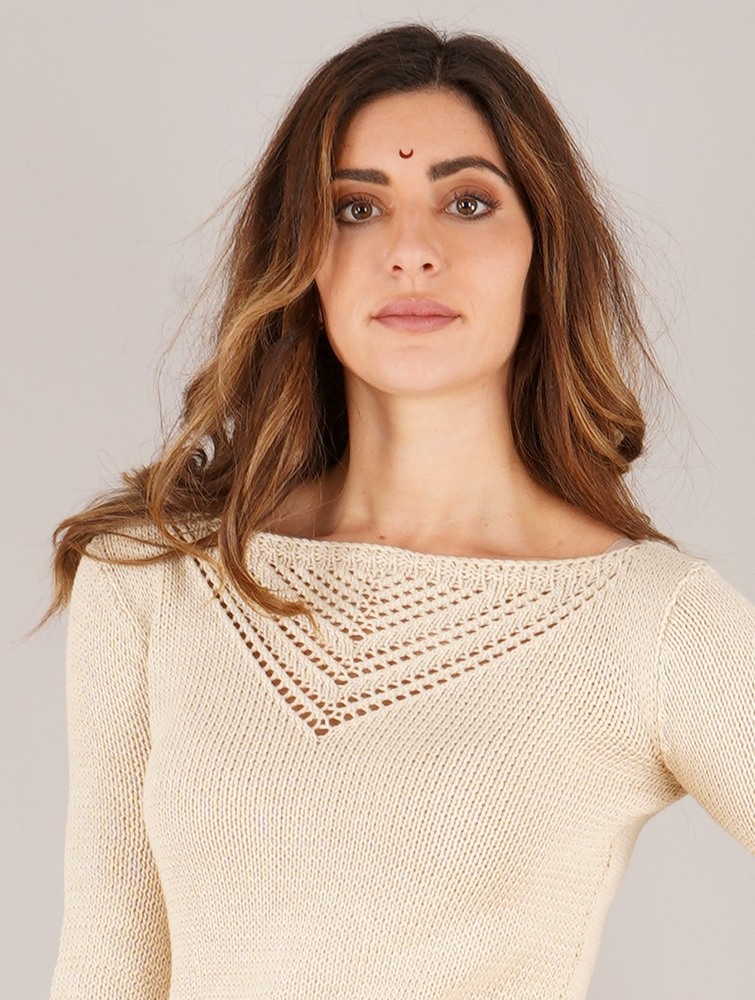 Beige Women Toonzshop Endariadef Open Work Boat Neck Knit Sweater Sweater | SHGNEOT-05