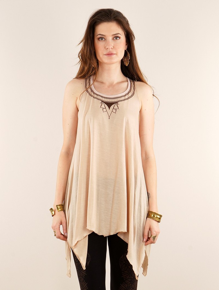 Beige Women Toonzshop Lotus Luinil Printed Flared Tank Tunic Tops | PLFHREM-96