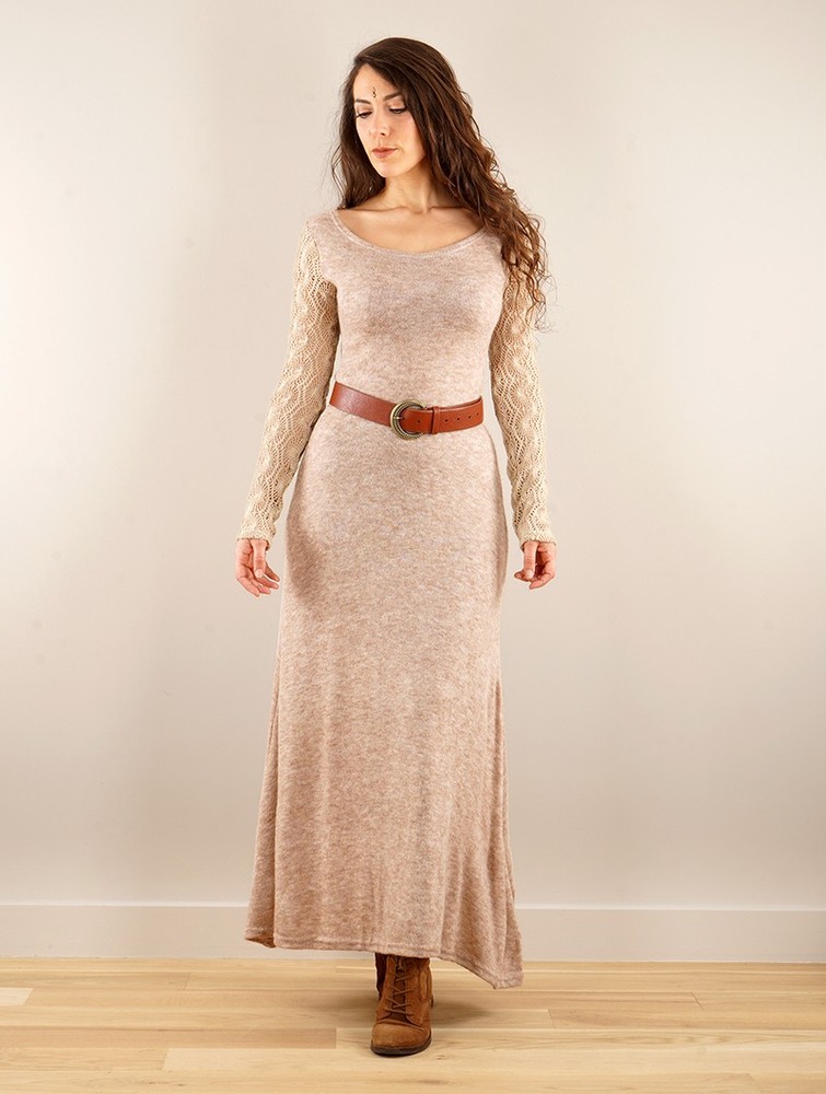 Beige Women Toonzshop Melisandre Crochet Long Sleeve Long Sweater Dress Dress | SQIWGUJ-20