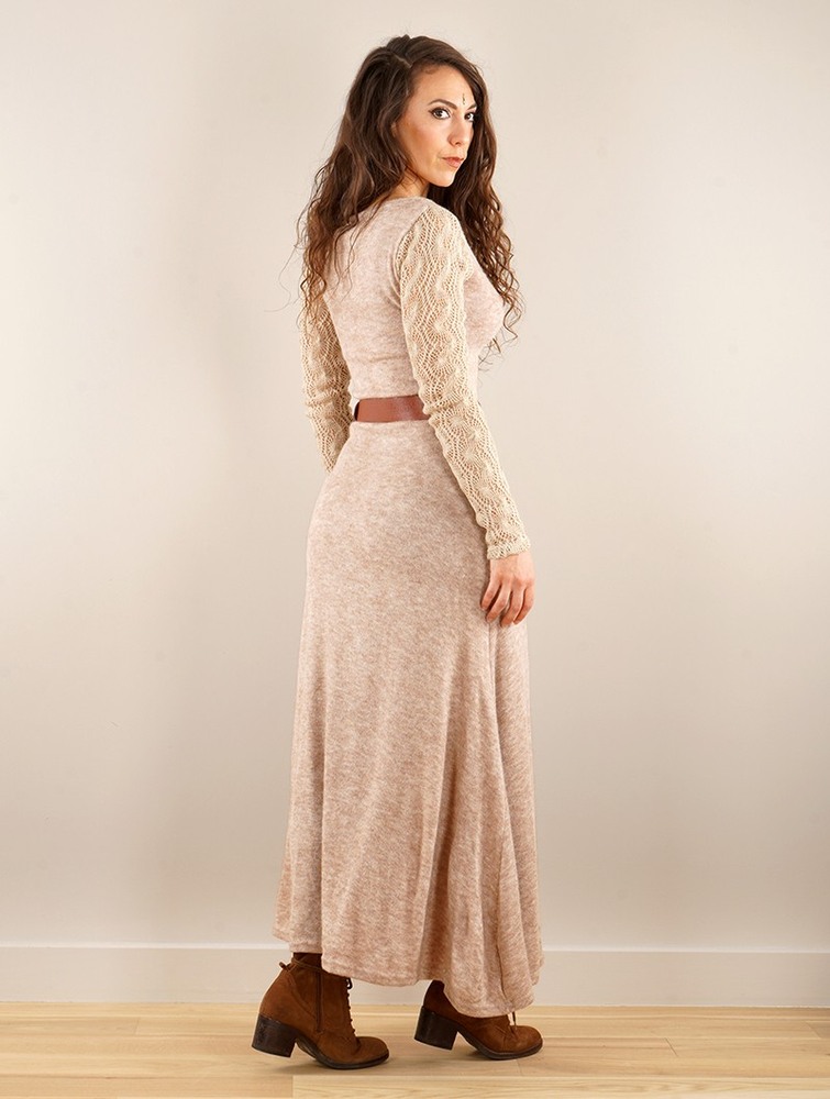 Beige Women Toonzshop Melisandre Crochet Long Sleeve Long Sweater Dress Dress | SQIWGUJ-20