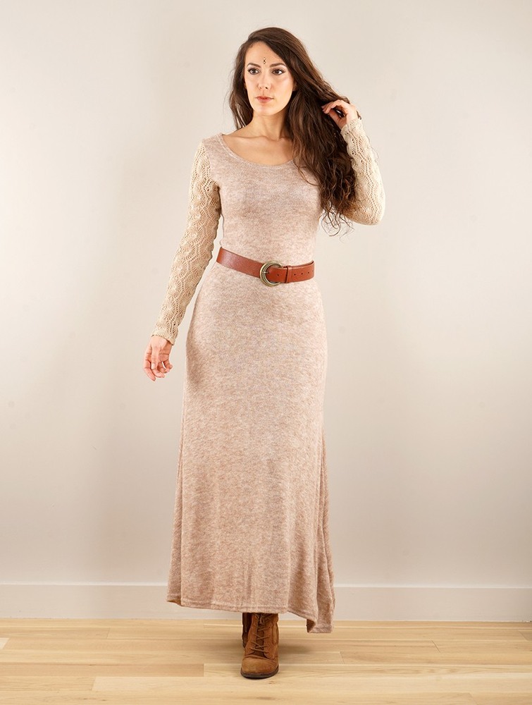 Beige Women Toonzshop Melisandre Crochet Long Sleeve Long Sweater Dress Dress | SQIWGUJ-20