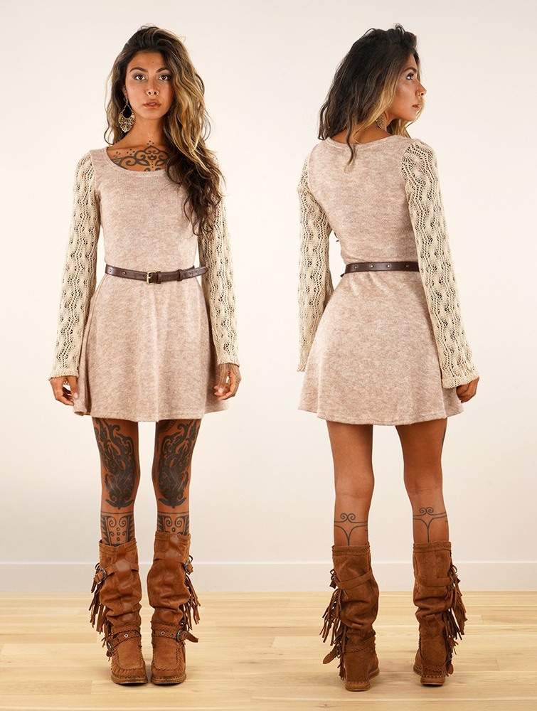 Beige Women Toonzshop Müse Crochet Sleeve Skater Dress Dress | LRYPCFT-76