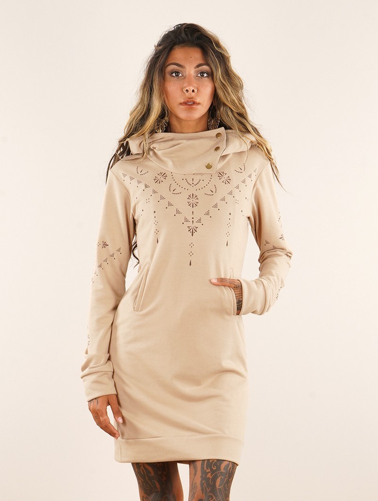 Beige Women Toonzshop Numendil Ornemental Dots Printed High Collar Hoodie Dress Dress | FKUMVNB-54