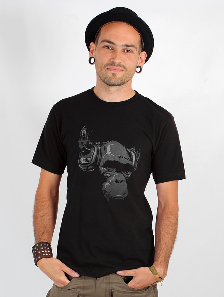 Black Men Toonzshop Dj Monkey Printed Short Sleeve T-shirt T-Shirt | QHRITCZ-43