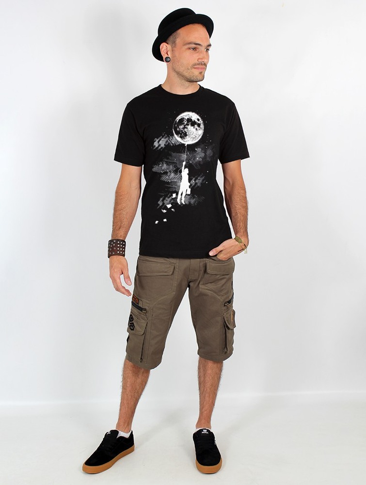 Black Men Toonzshop Moon Balloon Printed Short Sleeve T-shirt T-Shirt | RZEJVBP-37