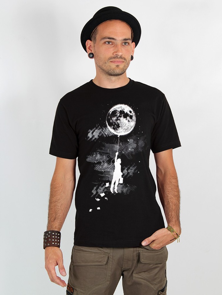 Black Men Toonzshop Moon Balloon Printed Short Sleeve T-shirt T-Shirt | RZEJVBP-37