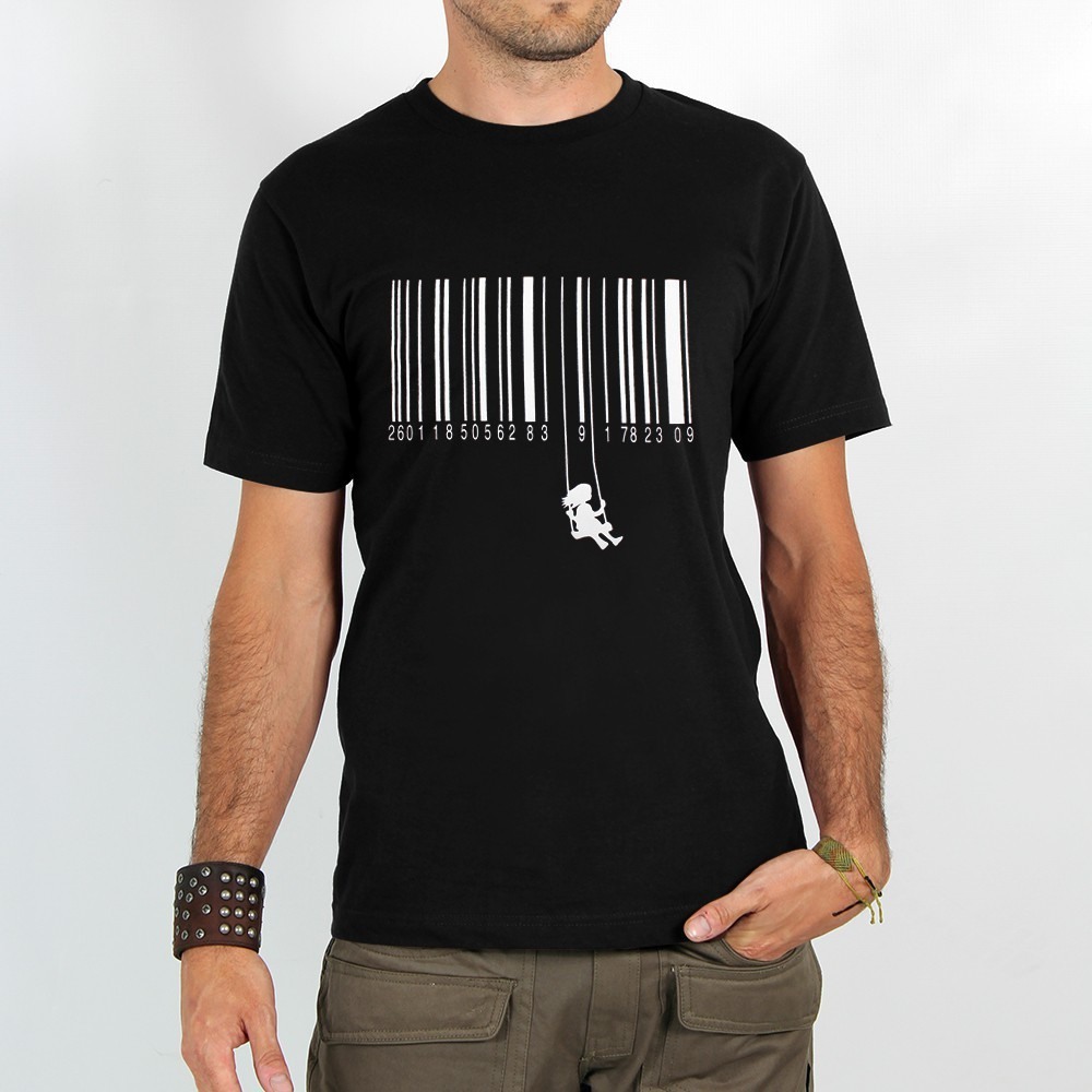 Black Men Toonzshop Swing Barcode Printed Short Sleeve T-shirt T-Shirt | RQPKHIY-05