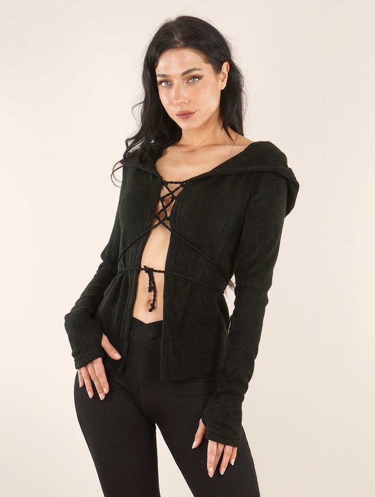 Black Women Toonzshop Awenäe Hooded Cardigan With Front Lacing Cardigan | IOLXHYN-59