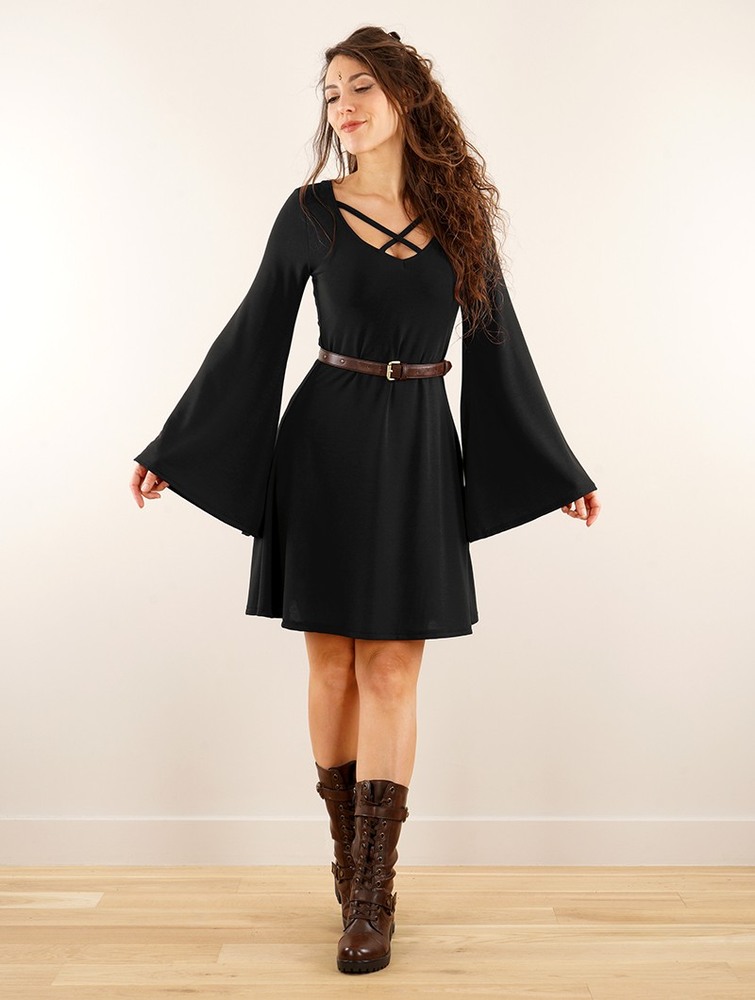 Black Women Toonzshop Black Moon Reversible Flared Long Sleeve Dress Dress | IDETQCZ-45