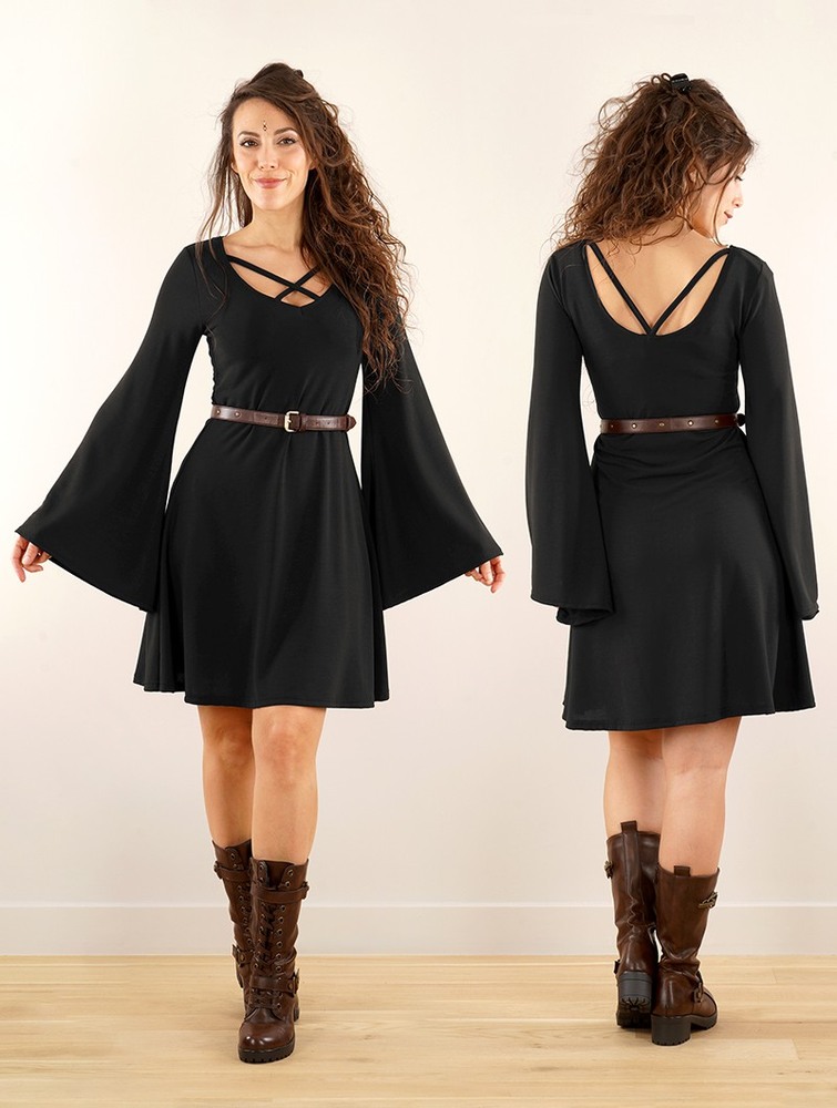 Black Women Toonzshop Black Moon Reversible Flared Long Sleeve Dress Dress | IDETQCZ-45